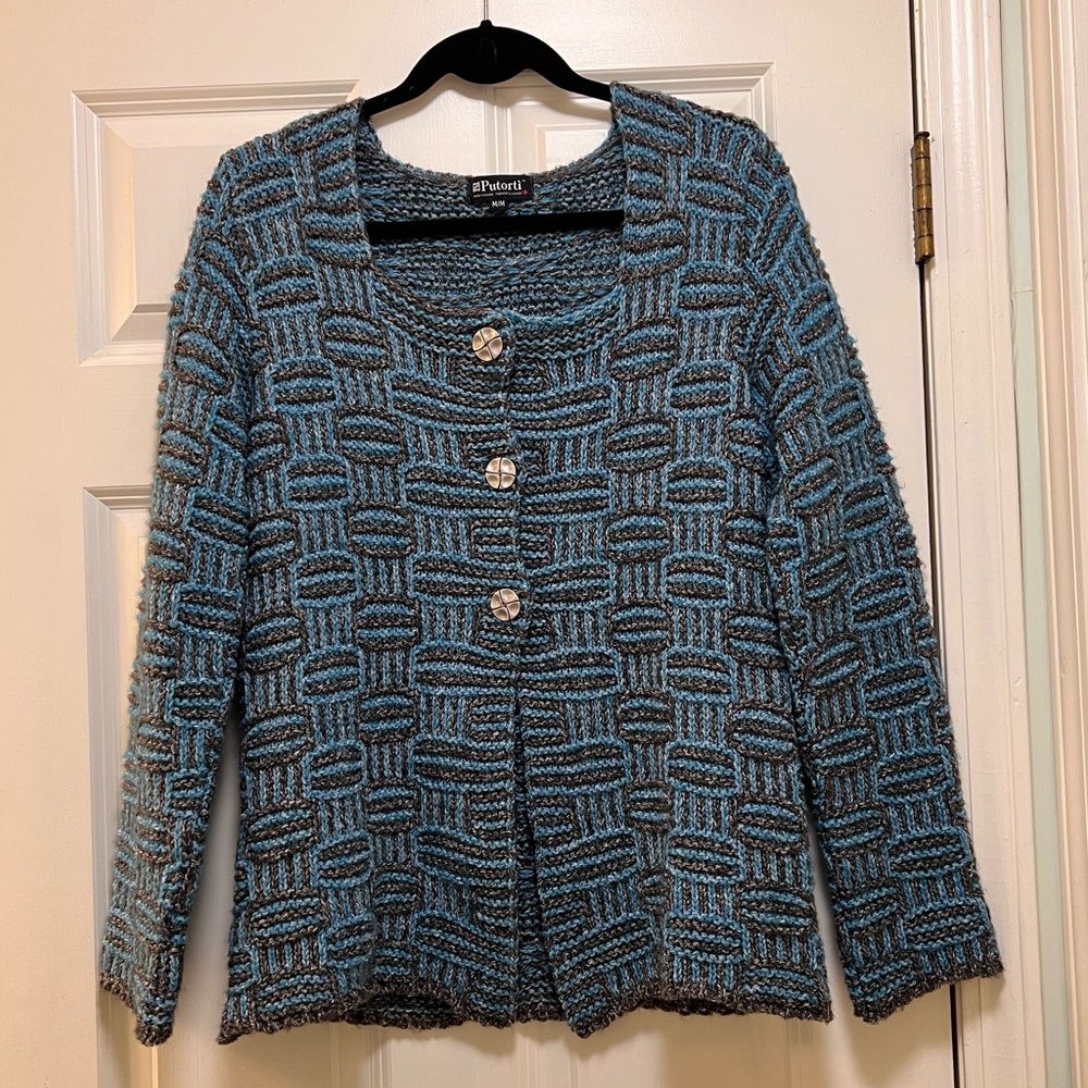Putorti 3 Button Sweater Aqua Blue and Charcoal Gray Size M Soft and Cozy